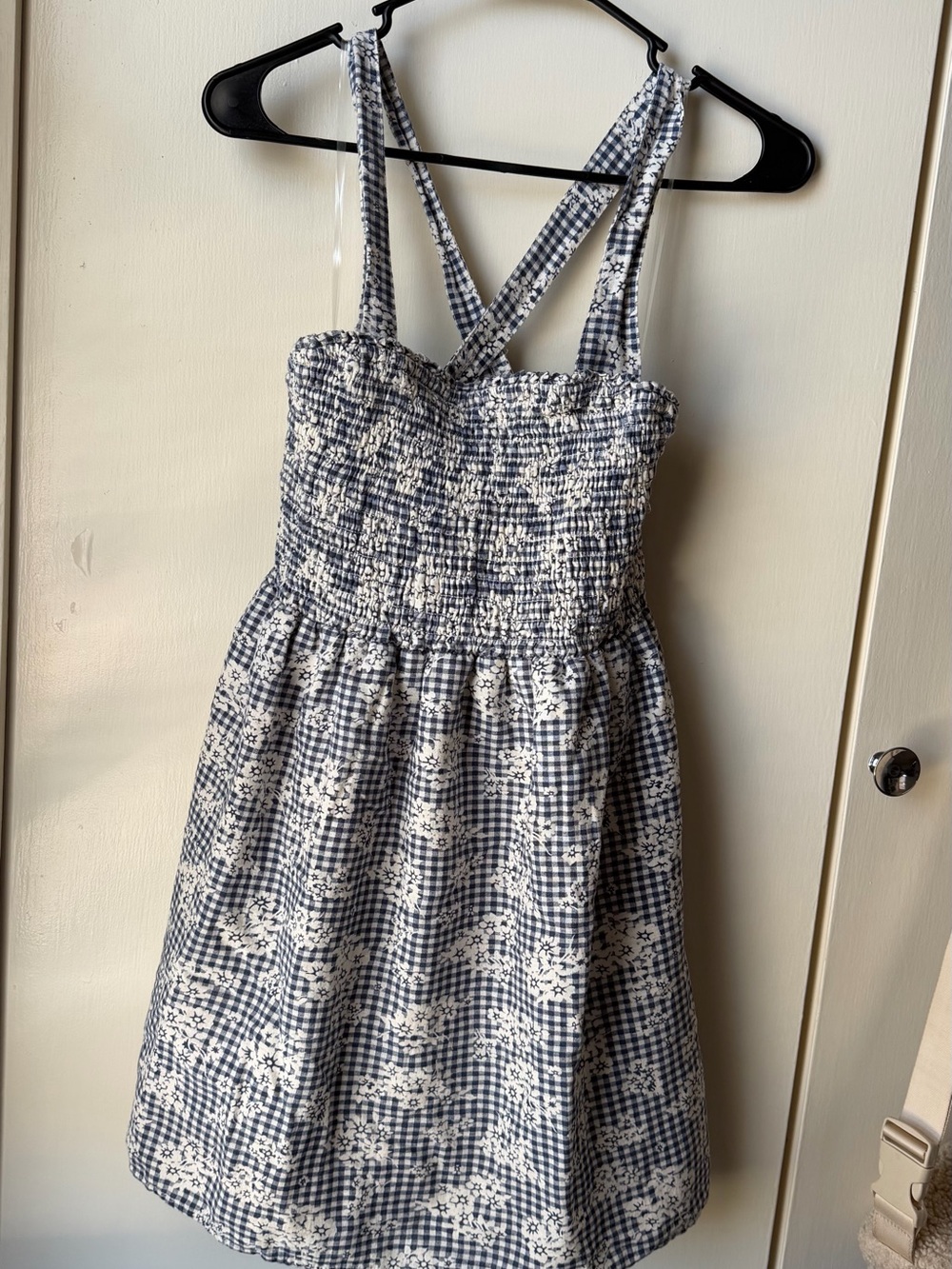 American Eagle Navy and White Gingham Floral Sundress